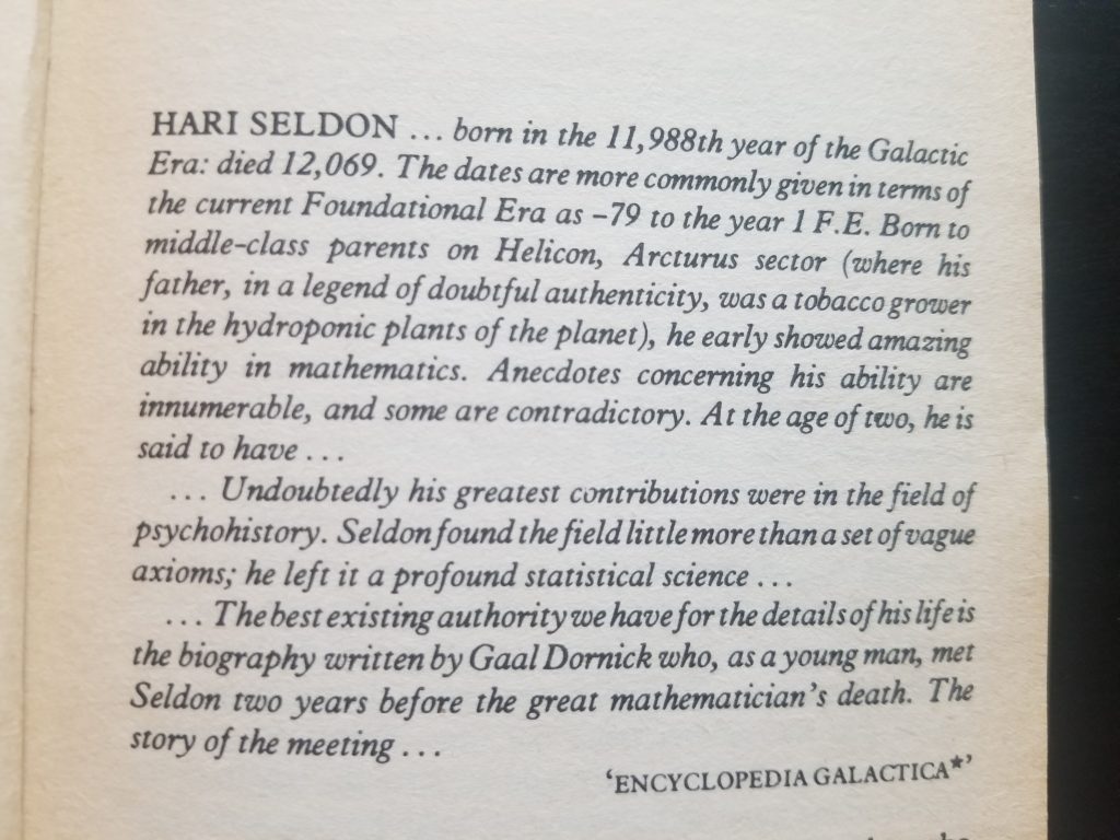 First page of Foundation by Isaac Asimov: the 'Encyclopedia Galactica' article for Hari Seldon.