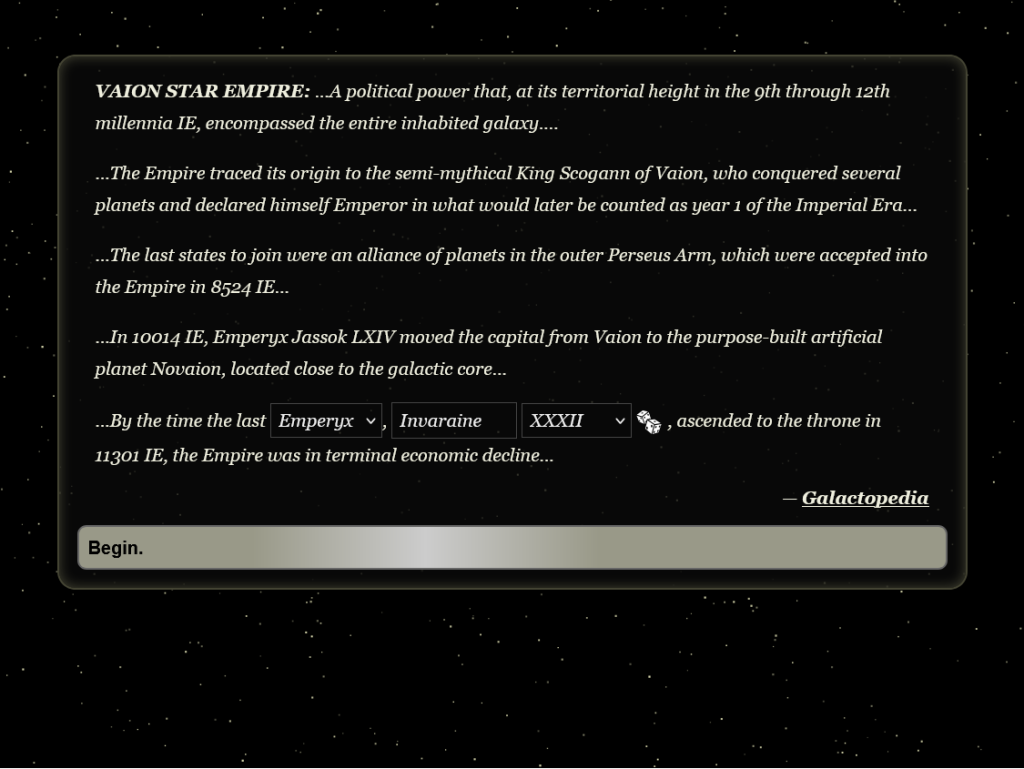 First screen of my game: the 'Galactopedia' article for the Vaion Star Empire.