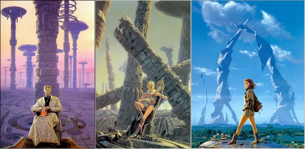 A triptych of book covers. An old man in a wheelchair sits in front of a landscape of metal towers; a clown-like man sits amid the ruins of the same towers; a teenage girl stands in a pastoral landscape with the decaying remnants of the towers in the background.