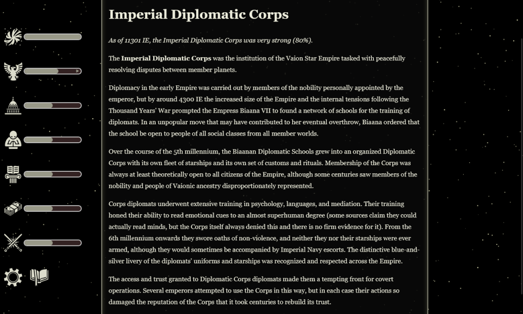 Imperial Diplomatic Corps

As of 11301 IE, the Imperial Diplomatic Corps was very strong (80%).

The Imperial Diplomatic Corps was the institution of the Vaion Star Empire tasked with peacefully resolving disputes between member planets.

Diplomacy in the early Empire was carried out by members of the nobility personally appointed by the emperor, but by around 4300 IE the increased size of the Empire and the internal tensions following the Thousand Years' War prompted the Empress Biaana VII to found a network of schools for the training of diplomats. In an unpopular move that may have contributed to her eventual overthrow, Biaana ordered that the school be open to people of all social classes from all member worlds.

Over the course of the 5th millennium, the Biaanan Diplomatic Schools grew into an organized Diplomatic Corps with its own fleet of starships and its own set of customs and rituals. Membership of the Corps was always at least theoretically open to all citizens of the Empire, although some centuries saw members of the nobility and people of Vaionic ancestry disproportionately represented.

Corps diplomats underwent extensive training in psychology, languages, and mediation. Their training honed their ability to read emotional cues to an almost superhuman degree (some sources claim they could actually read minds, but the Corps itself always denied this and there is no firm evidence for it). From the 6th millennium onwards they swore oaths of non-violence, and neither they nor their starships were ever armed, although they would sometimes be accompanied by Imperial Navy escorts. The distinctive blue-and-silver livery of the diplomats' uniforms and starships was recognized and respected across the Empire.

The access and trust granted to Diplomatic Corps diplomats made them a tempting front for covert operations. Several emperors attempted to use the Corps in this way, but in each case their actions so damaged the reputation of the Corps that it took centuries to rebuild its trust.